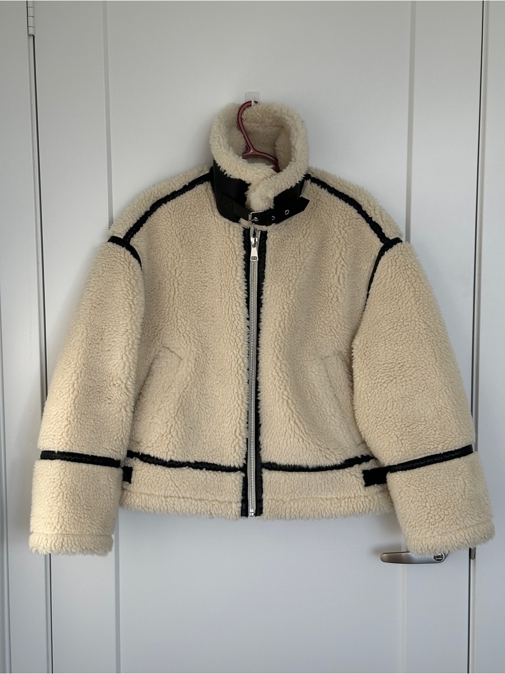 Zara Cream Teddy Shearling Jacket with Black Trim S